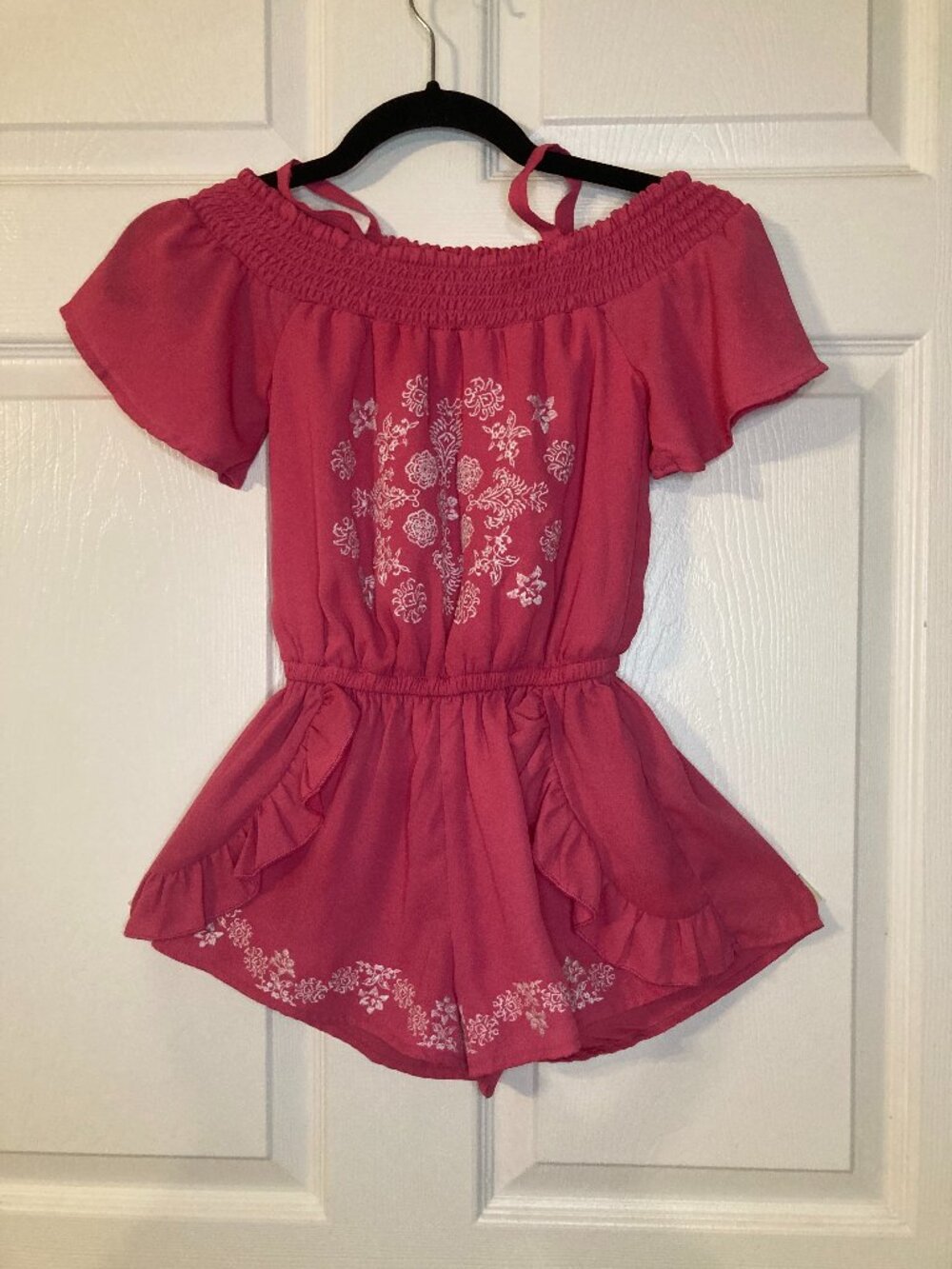 Bebe Girl's Hot Pink Romper With White Floral Embroidery - Size S (7-8)